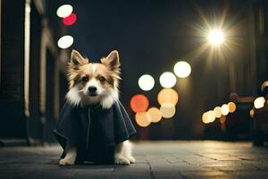 en hund i en cape Sammanträde på de gata på natt. ai-genererad foto