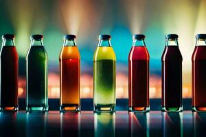 en rad av färgrik flaskor med annorlunda färgad vätskor. ai-genererad foto