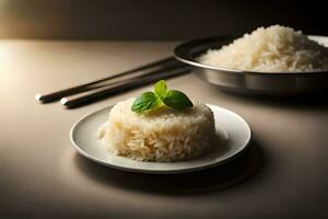 en tallrik med ris och ätpinnar på en tabell. ai-genererad foto