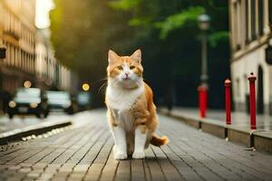 ett orange och vit katt gående ner en gata. ai-genererad foto