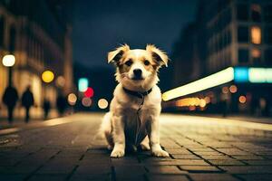 en hund Sammanträde på de gata på natt. ai-genererad foto