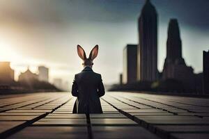 en kanin i en kostym sitter på en bro med en stad i de bakgrund. ai-genererad foto