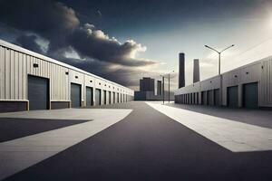 en lång tömma gata med en fabrik byggnad i de bakgrund. ai-genererad foto