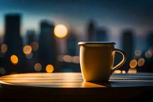 en kaffe kopp sitter på en tabell i främre av en stadsbild. ai-genererad foto