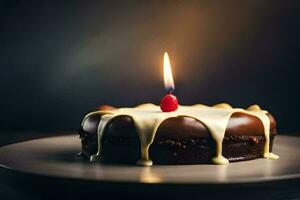 en choklad kaka med en enda ljus på topp. ai-genererad foto