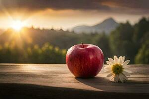 ett äpple och en daisy på en trä- tabell med en solnedgång i de bakgrund. ai-genererad foto