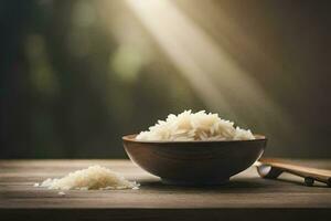 en skål av ris och en trä- sked på en tabell. ai-genererad foto