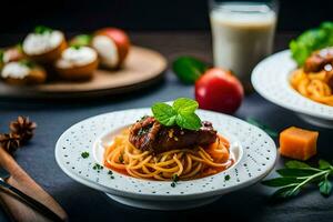 spaghetti med kött och tomat sås på en tallrik. ai-genererad foto