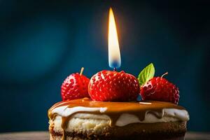en födelsedag kaka med en ljus och jordgubbar. ai-genererad foto
