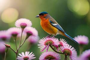 en färgrik fågel sitter på topp av några rosa blommor. ai-genererad foto