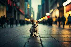 en hund är stående på en gata i en stad. ai-genererad foto