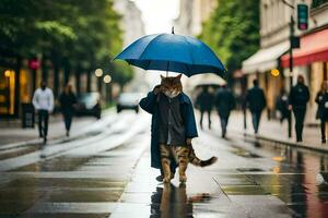 en katt gående i de regn med ett paraply. ai-genererad foto