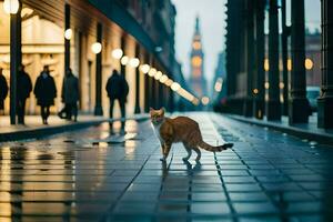 en katt gående ner en stad gata på natt. ai-genererad foto