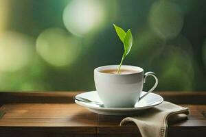 en kopp av te med en grön växt växande ut av Det. ai-genererad foto