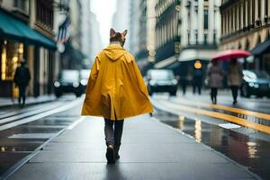 en kvinna i en gul regnkappa gående ner en stad gata. ai-genererad foto
