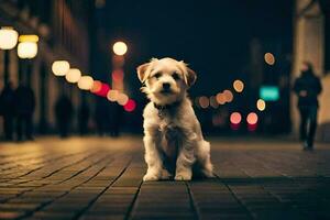 en hund Sammanträde på de gata på natt. ai-genererad foto