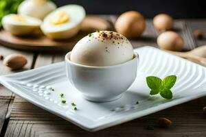 ett ägg i ett ägg kopp på en tallrik med en kvist av mynta. ai-genererad foto