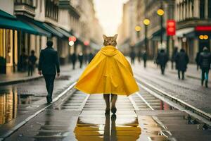 en katt i en gul regnkappa gående ner en gata. ai-genererad foto