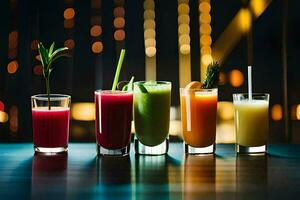 fem annorlunda typer av juicer är fodrad upp i en rad. ai-genererad foto