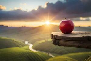 äpple på en trä- tabell i de solnedgång. ai-genererad foto
