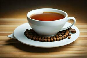 en kopp av te på en trä- tabell. ai-genererad foto