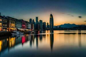 de stad horisont på solnedgång i hong kong. ai-genererad foto