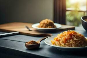 en skål av spaghetti och en sked på en tabell. ai-genererad foto