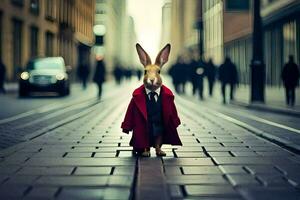 en kanin bär en röd täcka och slips på en stad gata. ai-genererad foto