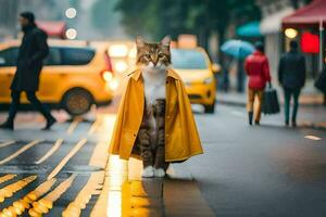 en katt i en gul regnkappa stående på en stad gata. ai-genererad foto