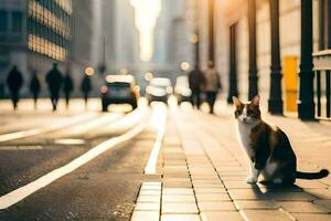 en katt Sammanträde på de trottoar i de stad. ai-genererad foto