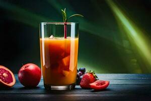 en glas av orange juice med jordgubbar och vindruvor. ai-genererad foto