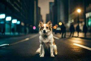 en hund Sammanträde på de gata på natt. ai-genererad foto