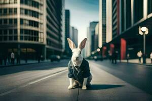 en kanin i en kostym och slips Sammanträde på de gata. ai-genererad foto