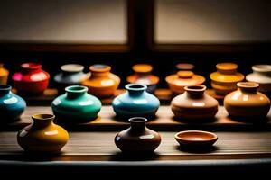 en rad av färgrik vaser på en tabell. ai-genererad foto