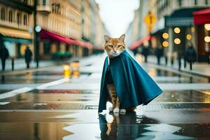 en katt bär en cape på en regnig gata. ai-genererad foto