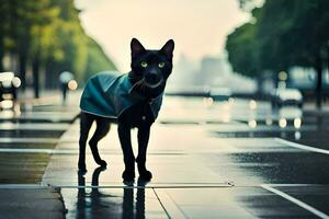 en svart katt bär en regnkappa på en våt gata. ai-genererad foto