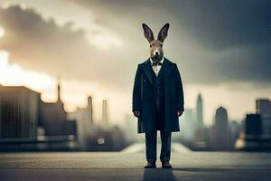 en kanin bär en kostym och slips stående på en stad gata. ai-genererad foto