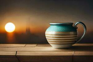 en kaffe kopp på en tabell med en solnedgång i de bakgrund. ai-genererad foto