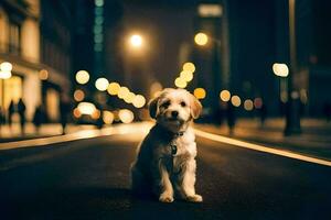 en hund Sammanträde på de gata på natt. ai-genererad foto