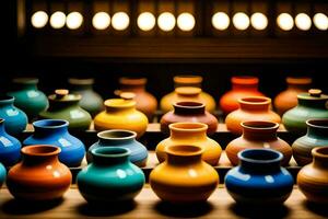 färgrik vaser är fodrad upp i en rad. ai-genererad foto