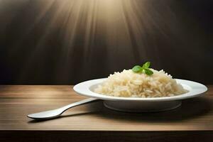 ris i en skål på en trä- tabell. ai-genererad foto