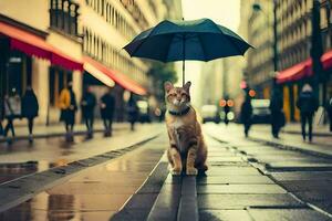 en katt är stående på en våt gata med ett paraply. ai-genererad foto