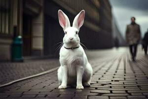 en vit kanin Sammanträde på de jord i en stad. ai-genererad foto