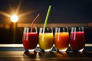 fem glasögon av juice med strån på en tabell. ai-genererad foto
