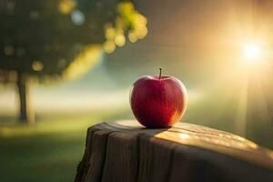 ett äpple sitter på en trä- tabell i främre av de Sol. ai-genererad foto