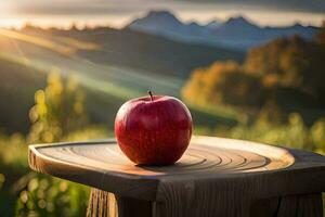 ett äpple sitter på en trä- tabell i främre av en berg. ai-genererad foto