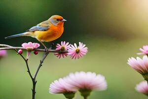 en små orange fågel sitter på en gren med rosa blommor. ai-genererad foto