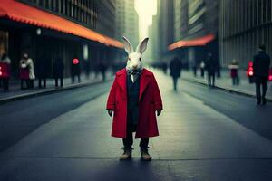 en kanin bär en röd täcka och en röd hatt står i de mitten av en stad gata. ai-genererad foto