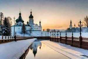 de Sol uppsättningar över en snöig flod och en kyrka. ai-genererad foto