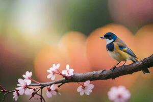 en fågel sitter på en gren med rosa blommor. ai-genererad foto